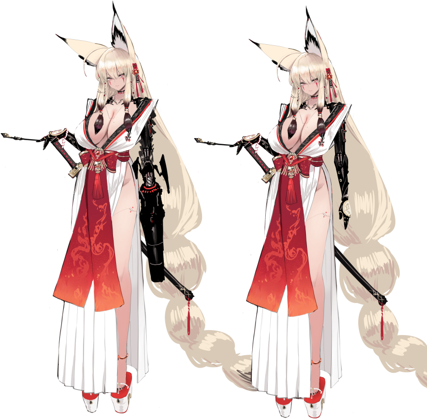 1girl absurdres animal_ear_fluff animal_ears arm_cannon azur_lane blonde_hair breasts cleavage commentary concept_art dishwasher1910 facial_mark fox fox_ears fox_girl fox_tail full_body gloves hair_ornament highres holding holding_smoking_pipe japanese_clothes jewelry kimono kiseru kitsune kyuubi large_breasts long_hair long_sleeves looking_at_viewer mechanical_arms mole mole_on_breast multiple_tails multiple_views obi original red_eyes ribbon robe sandals sash side_slit simple_background smoke smoking_pipe standing tabi tail tassel thighs weapon white_background wide_sleeves yamato_(dishwasher1910)