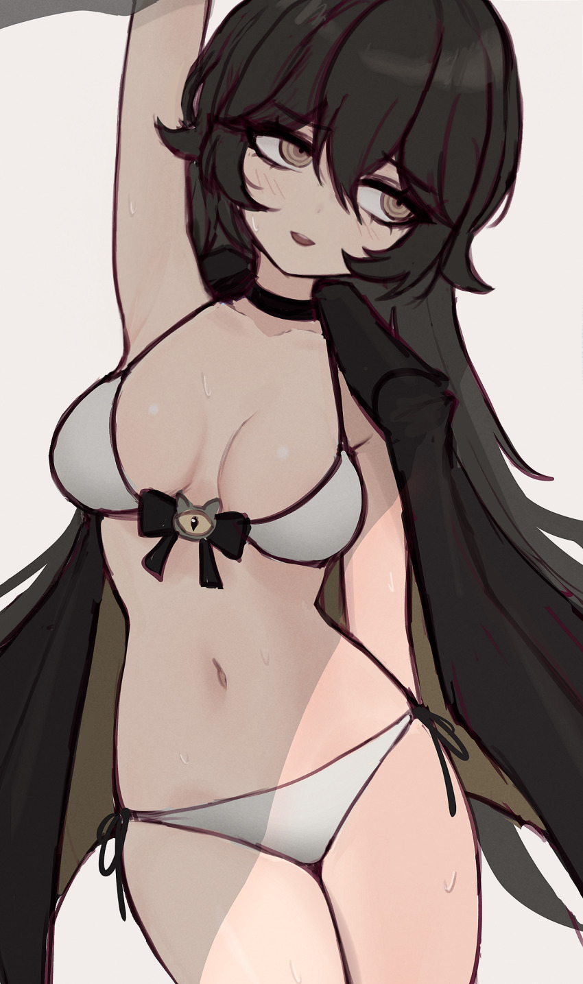 1girl alternate_breast_size arm_over_head armpits belly bikini black_hair breasts collar eyeliner grimmi_(vtuber) hair_between_eyes halterneck highres indie_virtual_youtuber jacket jacket_on_shoulders light_blush long_hair makeup medium_breasts messy_hair mrbk navel pale_skin ringed_eyes shadow side-tie_bikini_bottom sidelocks solo string_bikini sweat swimsuit thighs very_long_hair virtual_youtuber white_background white_bikini yellow_eyes