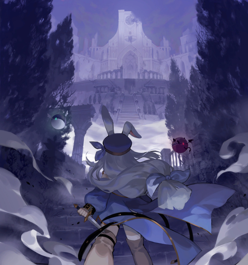 1girl animal_ears artist_request blue_coat blue_hat celia_(tevi) check_artist coat dagger ein_lee from_behind game_cg hat highres holding holding_dagger holding_knife holding_weapon knife long_hair long_sleeves non-web_source rabbit_ears rabbit_girl sable_(tevi) solo tevi tevi_(character) weapon white_hair