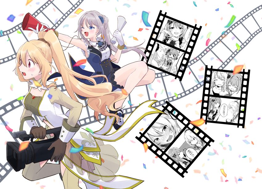2girls absurdres ascot back_bow bare_arms bare_legs bare_shoulders black_ascot black_bow black_gloves black_ribbon black_shoes blonde_hair blue_eyes blue_flower blue_rose blue_skirt blue_vest boots bow brooch buttons camera chest_jewel clothing_cutout collar collared_shirt collared_vest commentary_request confetti crop_top detached_collar dress film_strip fleur-de-lis floating_clothes floating_hair flower flower_brooch footwear_bow footwear_flower frilled_collar frilled_dress frilled_footwear frilled_shirt frilled_skirt frills full_body gem gloves green_collar green_pantyhose green_shirt grey_ascot grey_hair grey_scrunchie hair_between_eyes hair_bun hair_flower hair_ornament hair_scrunchie happy high_collar high_ponytail highres holding holding_camera holding_party_popper holding_scroll jewelry lapels light_blush long_hair long_sleeves looking_ahead magia_record:_mahou_shoujo_madoka_magica_gaiden magical_girl mahou_shoujo_madoka_magica miniskirt multicolored_shoes multiple_girls nape_braid neck_ribbon notched_lapels one_eye_closed open_clothes open_dress open_mouth open_vest pantyhose party_popper pink_eyes pointy_nose ponytail red_gemstone ribbon rose scroll scrunchie shirt shirt_under_dress shoes single_hair_bun skirt sleeveless sleeveless_dress sleeveless_shirt smile surprised sweatdrop tareme teeth thigh_cutout togame_momoko two-sided_veil two-tone_shoes ultimate_magnum upper_teeth_only very_long_hair vest wavy_hair white_background white_boots white_bow white_dress white_gloves white_shirt white_shoes white_sleeve_cuffs wide-eyed yakumo_mitama yakumo_mitama_(haregi_ver.) yuri