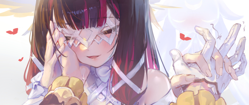 2girls absurdres black_hair blush bow closed_eyes columbina_(genshin_impact) commentary_request detached_sleeves dress eye_mask frilled_sleeves frills genshin_impact gloves hand_on_another&#039;s_cheek hand_on_another&#039;s_face heart highres holding_hands mask multicolored_hair multiple_girls open_mouth pink_hair sandrone_(genshin_impact) single_glove streaked_hair sweatdrop trembling two-tone_hair white_bow white_dress white_gloves white_mask wrist_bow yu_hydra yuri
