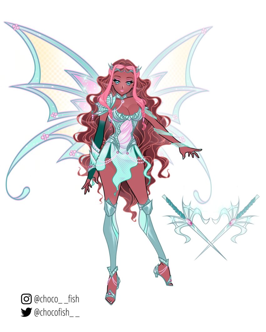 1girl aisha_(winx_club) alternate_costume aqua_collar aqua_dress aqua_eyes aqua_nails aqua_ribbon aqua_sandals aqua_sleeves aqua_wings arm_ribbon armor bad_id bad_twitter_id beads breasts brown_hair chocofish circlet cleavage closed_mouth commentary dark-skinned_female dark_skin detached_collar detached_sleeves dress english_commentary eyelashes eyeshadow fairy fairy_wings full_body high_heel_sandals highres instagram_username knee_pads large_breasts lipstick long_hair long_sleeves magical_girl makeup multicolored_hair nail_polish outstretched_arm oversized_wings pauldrons pink_eyeshadow pink_hair pink_lips reference_sheet ribbon sandals short_dress shoulder_armor sidelocks simple_background single_bracer single_detached_sleeve single_pauldron smile solo streaked_hair sword toenail_polish toenails toes twitter_username two-tone_wings very_dark_skin very_long_hair wavy_hair weapon white_background wings winx_club yellow_wings