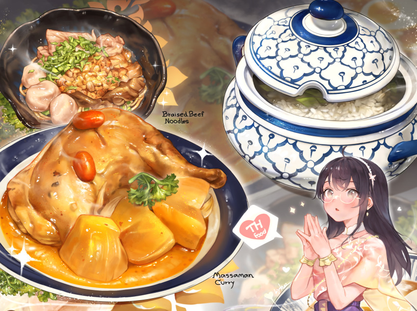 1girl absurdres beef black_hair chicken_(food) curry food food_focus food_name glasses grey_eyes hairband highres long_hair meat noodles original own_hands_together pink_hairband pink_shirt rice shirt solo tom23579 vase