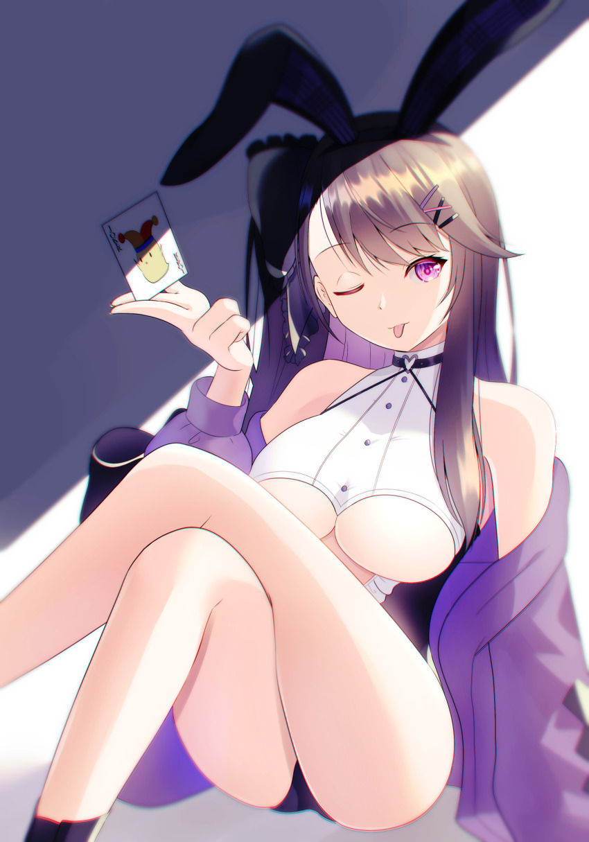 1girl ;d alternate_costume animal_ears arm_behind_back ass azur_lane bare_legs black_choker breasts brown_hair card choker clothes_pull clothing_cutout commentary_request crossed_legs hair_ornament hairclip hand_up heart heart_choker highres holding holding_card jacket jacket_pull joker_(playing_card) knees_up large_breasts legs leotard long_hair long_sleeves looking_at_viewer no_bra off_shoulder one_eye_closed open_mouth pamiat_merkuria_(azur_lane) pink_eyes playing_card purple_jacket rabbit_ears sitting smile solo tako-san_wiener_(takosanuma) thighs underboob underboob_cutout very_long_hair x_hair_ornament