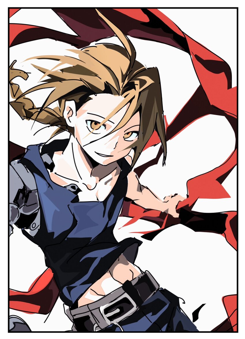 1boy bailanlam belt belt_buckle black_belt black_tank_top blonde_hair border braid buckle collarbone dutch_angle edward_elric floating_hair fullmetal_alchemist highres holding male_focus mechanical_arms midriff_peek outstretched_arms pants parted_hair parted_lips sanpaku single_braid single_mechanical_arm smile solo tank_top white_background yellow_eyes