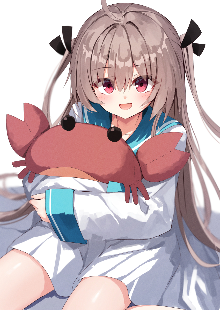 1girl :d absurdres ahoge atri atri-my_dear_moments- black_ribbon blue_sailor_collar blurry blush brown_hair commentary cowboy_shot depth_of_field dress eyes_visible_through_hair hair_between_eyes hair_ribbon happy highres holding holding_stuffed_toy long_hair looking_at_viewer nodoameyatou open_mouth red_eyes ribbon sailor_collar sailor_dress simple_background sitting sleeves_past_wrists smile solo stuffed_crab stuffed_toy two_side_up very_long_hair wariza white_background white_dress
