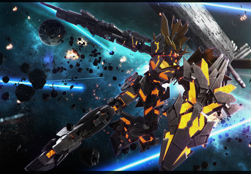 beam_rifle energy_gun explosion glowing glowing_eyes gun gundam gundam_unicorn henry1025 highres mecha no_humans nt-d red_eyes robot shield solo space space_habitat unicorn_gundam_banshee weapon