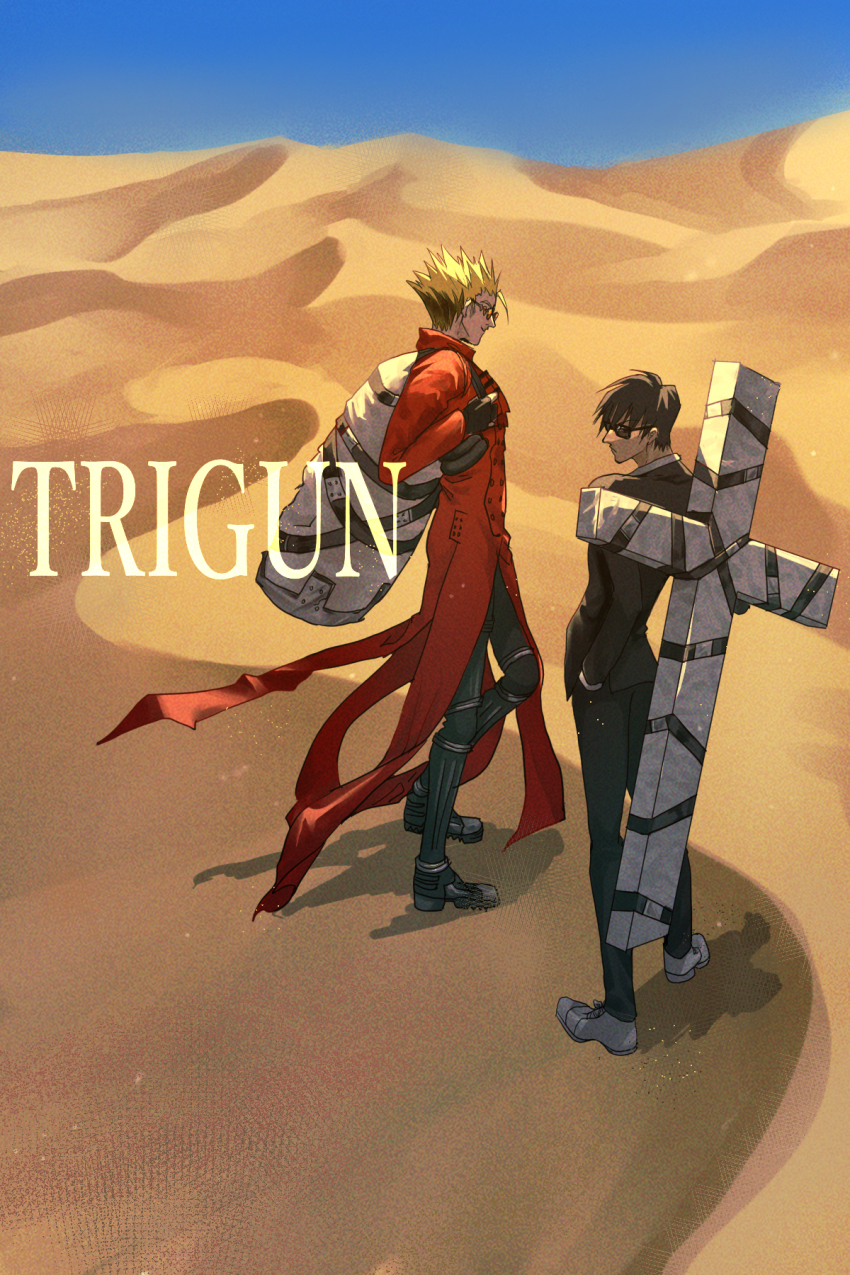 2boys bag black_suit blonde_hair coat cross cross_punisher desert drrra formal_clothes high_collar highres large_cross long_coat multiple_boys nicholas_d._wolfwood orange-tinted_eyewear red_coat round_eyewear spiked_hair suit sunglasses tinted_eyewear trigun trigun_maximum vash_the_stampede