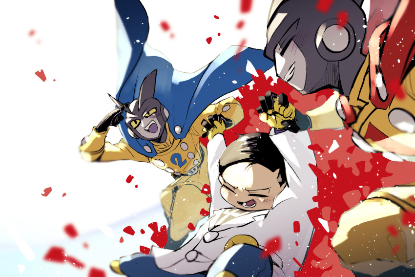 3boys :d ^_^ arms_up belt black_belt black_gloves black_hair blue_cape blue_pants blush buttons cape closed_eyes coat colored_sclera colored_skin colored_tongue commentary_request confetti double-breasted dr._hedo dragon_ball dragon_ball_super dragon_ball_super_super_hero gamma_1 gamma_2 gloves grey_skin grin hand_up happy harvest88 holding_hands jacket lab_coat lapels long_sleeves lower_teeth_only male_focus multiple_boys open_mouth pants purple_tongue red_cape short_hair simple_background sleeve_cuffs smile teeth upper_teeth_only v-shaped_eyebrows white_background white_coat yellow_gloves yellow_jacket yellow_pants yellow_sclera