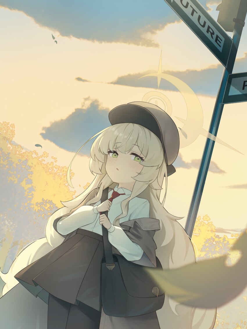 1girl absurdres alternate_costume bag black_bag black_hat black_pantyhose black_skirt blonde_hair blue_archive ciza_gomi collared_shirt dutch_angle green_eyes halo hat highres long_sleeves necktie outdoors pantyhose parted_lips pleated_skirt professor_niyaniya_(blue_archive) red_necktie shirt skirt sky solo white_shirt yellow_halo yellow_sky