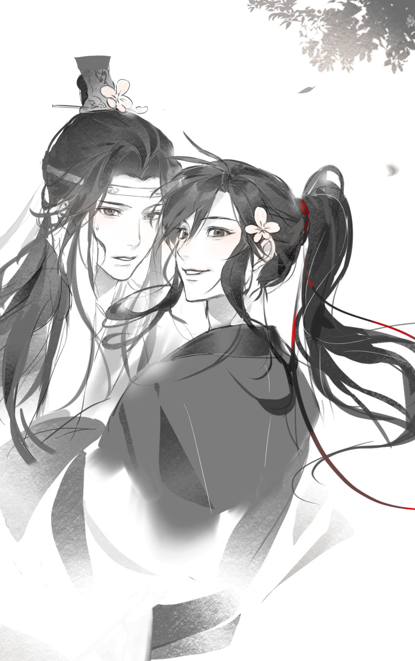 2boys ahoge black_hair blush chinese_clothes chinese_commentary falling_leaves flower greyscale hair_flower hair_ornament hair_ribbon hand_on_another&#039;s_face hanfu headband highres lan_wangji leaf long_hair long_sleeves looking_at_viewer looking_back male_focus modao_zushi monochrome multiple_boys parted_lips ponytail red_ribbon ribbon robe shenzhang10011 sidelocks sketch smile spot_color sweatdrop topknot upper_body wei_wuxian white_background wide_sleeves xiao_guan_(headdress) yaoi