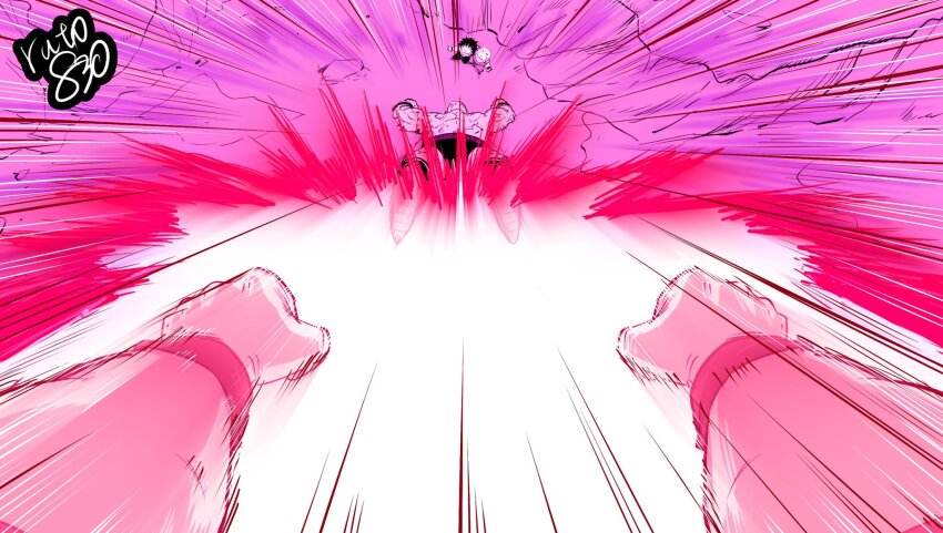 4boys aura bald commentary_request dragon_ball dragonball_z flying highres kaiouken kuririn male_focus motion_lines multiple_boys nappa pov pov_hands ruto830 signature son_gohan son_goku speed_lines topless_male wristband