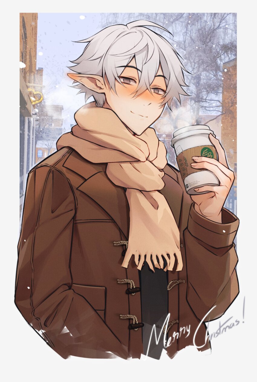 1boy 1hp_club \||/ absurdres ahoge blush border brown_jacket brown_scarf building commentary crossed_bangs cup disposable_cup double-parted_bangs elfboiii english_commentary grey_eyes hair_between_eyes highres holding holding_cup jacket looking_at_viewer male_focus merry_christmas obi_(1hp_club) outdoors pointy_ears scarf short_hair smile snow snowing solo steam tree upper_body white_border white_hair