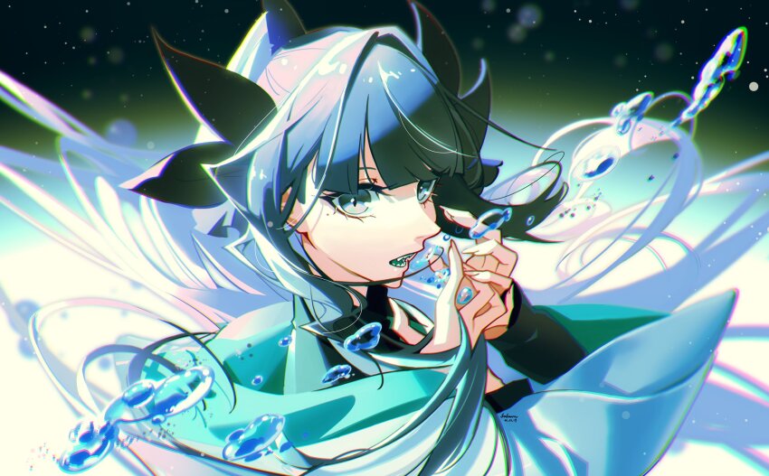1girl air_bubble artemis_of_the_blue atelier_live black_hair blue_tongue bubble colored_tongue commentary english_commentary highres hood hood_down hoodie mole mole_under_eye ponytail shark_fin shark_girl sharp_teeth skn solo teeth virtual_youtuber wavy_sidelocks white_hoodie
