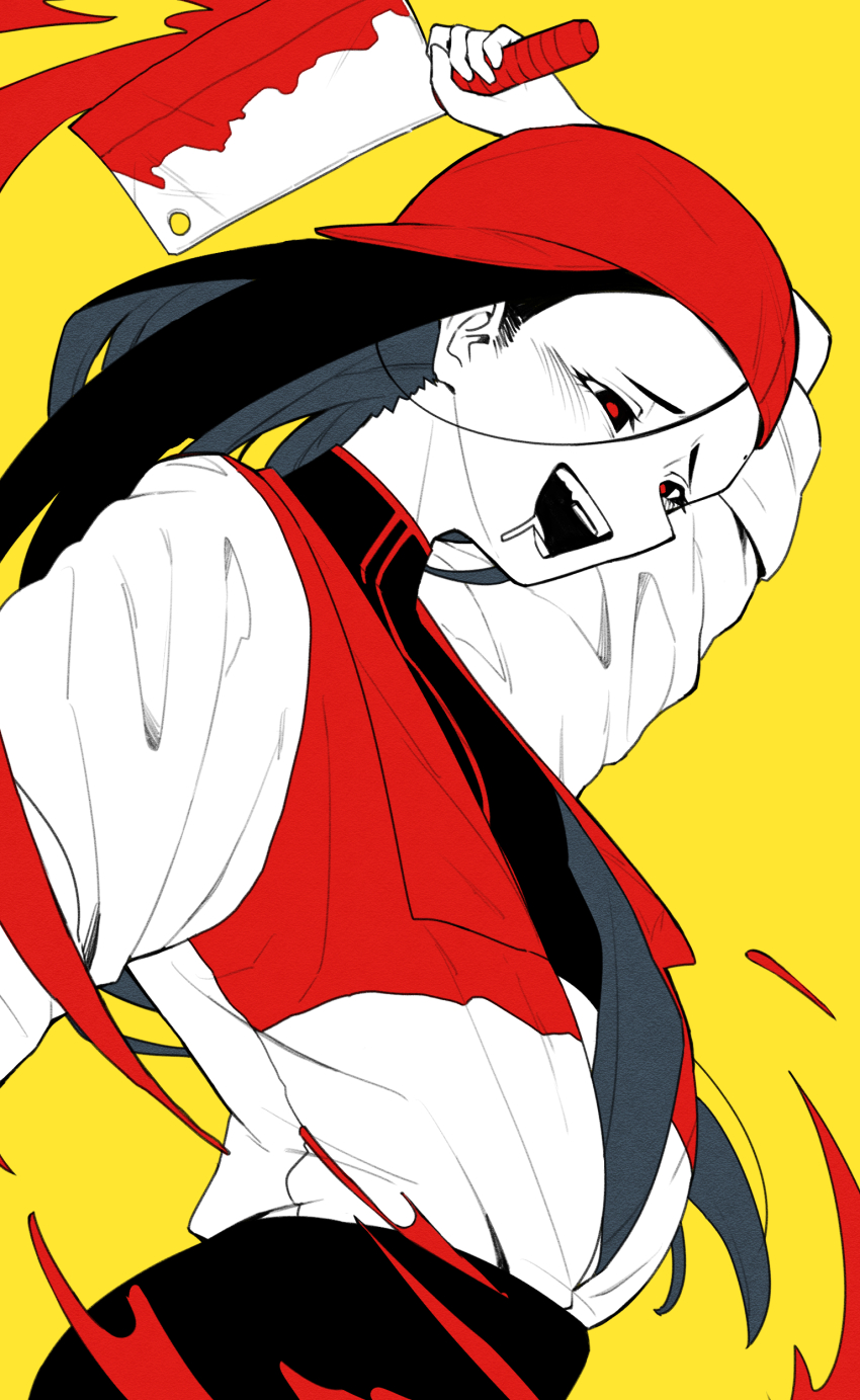 1girl absurdres backwards_hat baseball_cap black_eyes black_hair black_pants black_shirt blood bloody_knife butcher_vanity_(synthesizer_v) cleaver crazy_smile crop_top drooling garasuno hat highres holding jacket jacket_tucked_in knife long_hair open_mouth pale_skin pants red_hat red_pupils shirt simple_background smile solo synthesizer_v yellow_background yi_xi_(synthesizer_v)