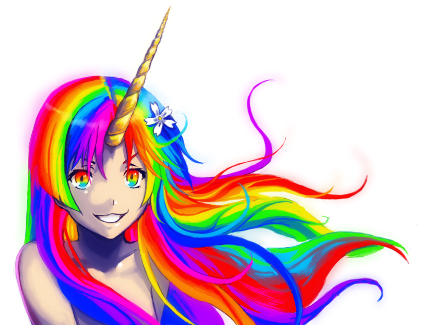 1girl 4chan crossover drawfag fabulous female_focus flower fusion grin hair_flower hair_ornament horns long_hair multicolored_eyes multicolored_hair non-web_source nude parody rainbow rainbow_eyes rainbow_hair robot_unicorn_attack saten_ruiko simple_background single_horn smile solo source_request toaru_kagaku_no_railgun toaru_majutsu_no_index unicorn