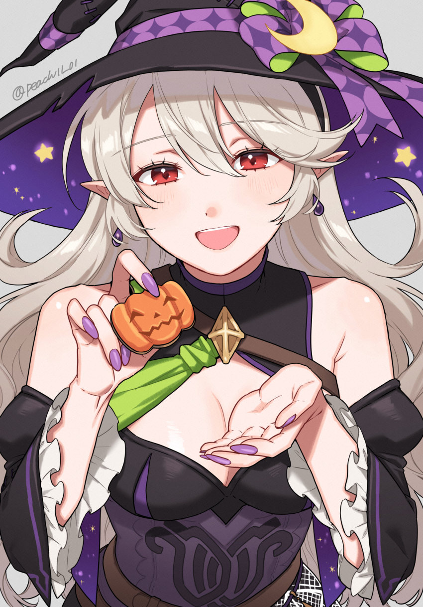 1girl :d bare_shoulders black_dress black_hat breasts cleavage commentary_request corrin_(female)_(fire_emblem) corrin_(female)_(halloween)_(fire_emblem) dress earrings fire_emblem fire_emblem_fates fire_emblem_heroes grey_background grey_hair halloween halloween_costume hat highres holding jewelry juliet_sleeves large_breasts long_hair long_sleeves looking_at_viewer nail_polish nintendo off-shoulder_dress off_shoulder official_alternate_costume open_mouth pointy_ears puffy_sleeves purple_nails red_eyes shamu_(peach11_01) simple_background smile solo upper_body very_long_hair witch witch_hat