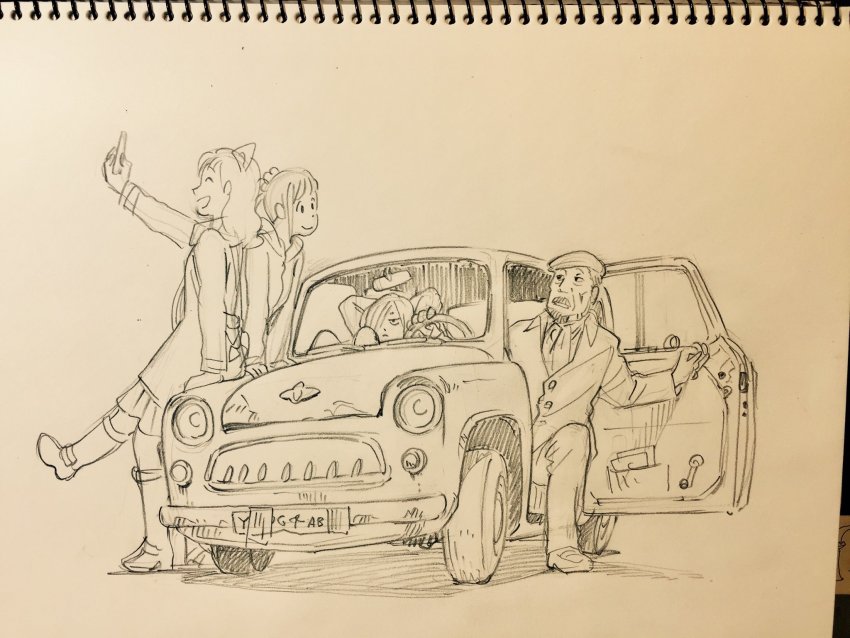 2boys 2girls animal_ears arms_behind_head beard boots car cat_ears cellphone facial_hair fake_animal_ears graphite_(medium) hair_over_one_eye highres hiramatsu_tadashi motor_vehicle multiple_boys multiple_girls mustache nikolai_plisetsky old old_man phone selfie sketch skirt smartphone smile traditional_media vehicle_focus yuri!!!_on_ice yuri_plisetsky
