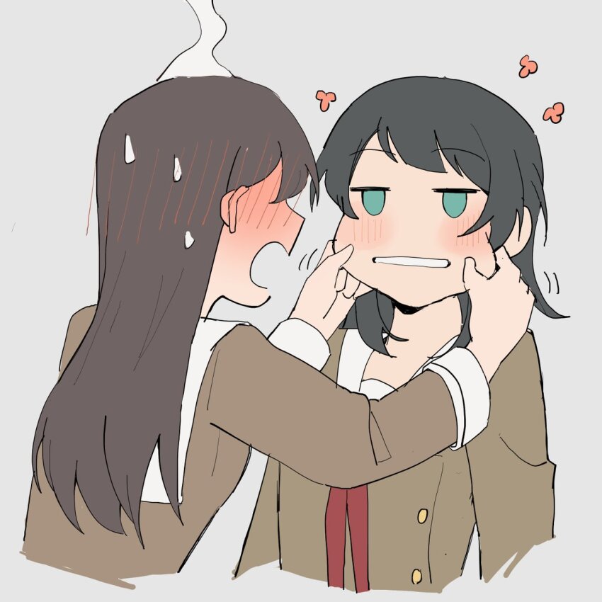 2girls bang_dream! bang_dream!_it&#039;s_mygo!!!!! black_hair blue_eyes blush blush_visible_through_hair brown_dress brown_hair cheek_pinching commentary dress grey_background hanasakigawa_school_uniform hashtag-only_commentary highres long_hair multiple_girls open_mouth parted_lips pinching r_bishh sailor_collar sailor_dress school_uniform shiina_taki simple_background white_sailor_collar yahata_umiri yuri
