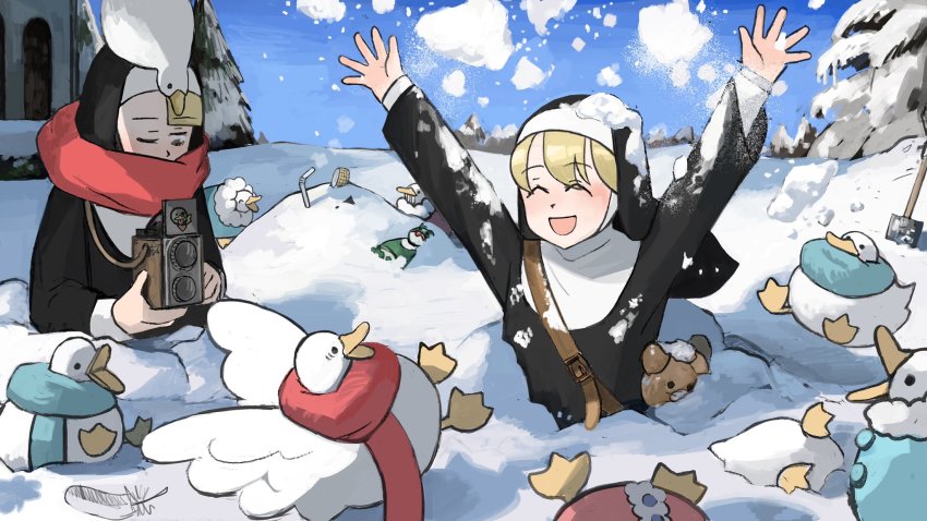 2girls :d ^_^ animal animal_on_head arch arms_up bendy_straw bird bird_on_head blonde_hair blue_scarf blue_sky breath camera chicken closed_eyes clumsy_nun_(diva) commentary corn day diva_(hyxpk) doll drinking_straw duck english_commentary eyes_visible_through_hair feathers frog fur-trimmed_jacket fur_trim habit hedge highres holding holding_camera jacket little_nuns_(diva) long_sleeves multiple_girls nose nun o/ on_head one_eye_closed open_mouth outdoors outstretched_arms playing red_scarf scarf shadow shovel sky slice_of_life smile snow spicy_nun_(diva) spread_wings stuffed_animal stuffed_toy teddy_bear traditional_nun tree triangle_mouth twin-lens_reflex_camera