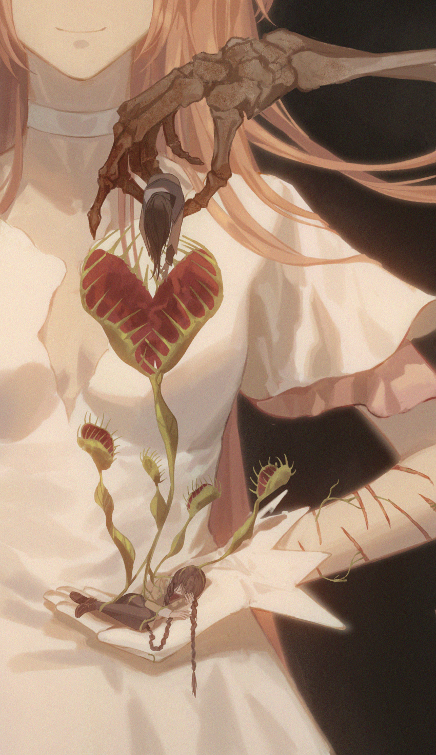 3girls absurdres akemi_homura black_footwear black_hair blonde_hair braid brown_background carrying carrying_person chinese_commentary choker commentary_request dress dual_persona facing_viewer film_grain gloves head_out_of_frame highres homulilly in_palm kaname_madoka lifting_person loafers long_hair lying mahou_shoujo_madoka_magica mahou_shoujo_madoka_magica:_hangyaku_no_monogatari mini_person minigirl multiple_girls on_side out_of_frame plant scar scar_on_arm shoes short_sleeves simple_background size_difference skeletal_hand smile twin_braids ultimate_madoka upper_body venus_flytrap white_choker white_dress white_gloves yayaziiii