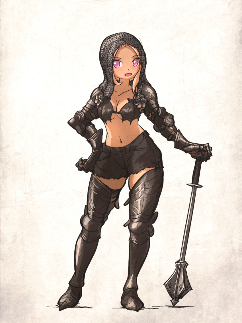 1girl alternate_costume armor blonde_hair breasts cleavage coif collarbone ebenholz_(ironlily) flanged_mace gauntlets hand_on_own_hip highres ironlily looking_at_viewer made_in_2024 navel original pink_eyes pink_hair sabaton shorts solo
