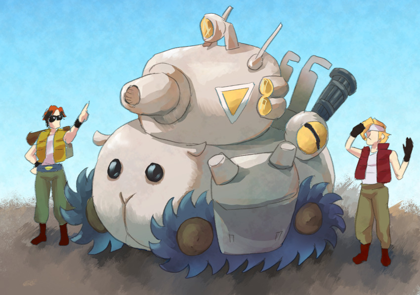 2boys :3 bardothodol black_gloves blonde_hair blue_sky brown_hair closed_mouth commentary_request faceless faceless_male full_body gloves green_pants hand_on_own_hip headband highres legs_apart marco_rossi metal_slug military_vehicle molcar motor_vehicle multiple_boys no_eyes no_mouth outdoors pants pointing pui_pui_molcar red_vest salute shirt sky standing sunglasses sv001_(metal_slug) tank tarma_roving vest white_headband white_shirt yellow_vest