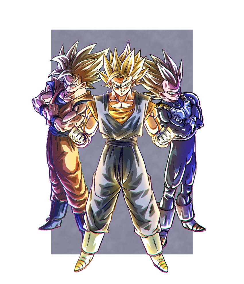 3boys absurdres blonde_hair blue_bodysuit blue_boots blue_pants blue_sash blue_shirt bodysuit boots crossed_arms dougi dragon_ball dragonball_z earrings full_body gloves green_eyes group_picture highres jewelry male_focus medium_hair multiple_boys muscular muscular_male nazunnio1225 orange_pants orange_shirt pants potara_earrings saiyan_armor sash shirt smirk son_goku spiked_hair super_saiyan super_saiyan_1 vegeta vegetto white_boots white_gloves