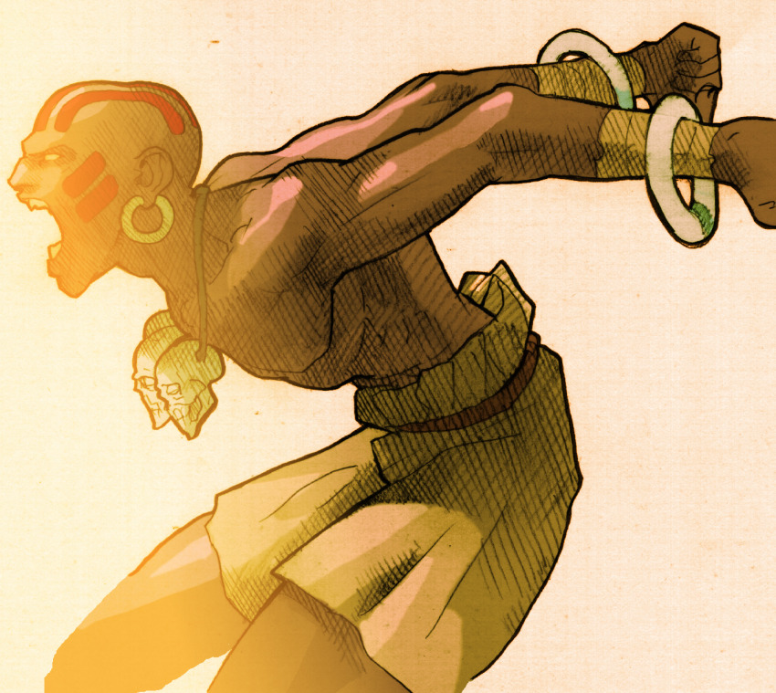 1boy angry bald barefoot bengus capcom dark_skin dhalsim earrings facepaint facing_to_the_side fighting_stance game_cg highres jewelry male_focus marvel marvel_vs._capcom marvel_vs._capcom_2 muscular necklace no_pupils non-web_source official_art open_mouth scan sidelighting simple_background skull_necklace solo street_fighter wrist_wrap