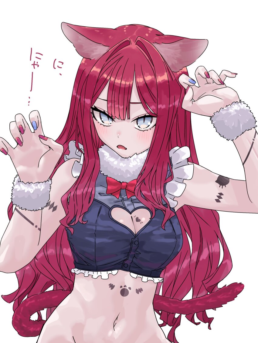 1girl absurdres animal_ears baobhan_sith_(fate) blush breasts cat_ears claw_pose cleavage cleavage_cutout clothing_cutout crop_top fate/grand_order fate_(series) grey_eyes hands_up heart_cutout highres long_hair looking_at_viewer navel niwaikanai open_mouth pink_hair solo white_background