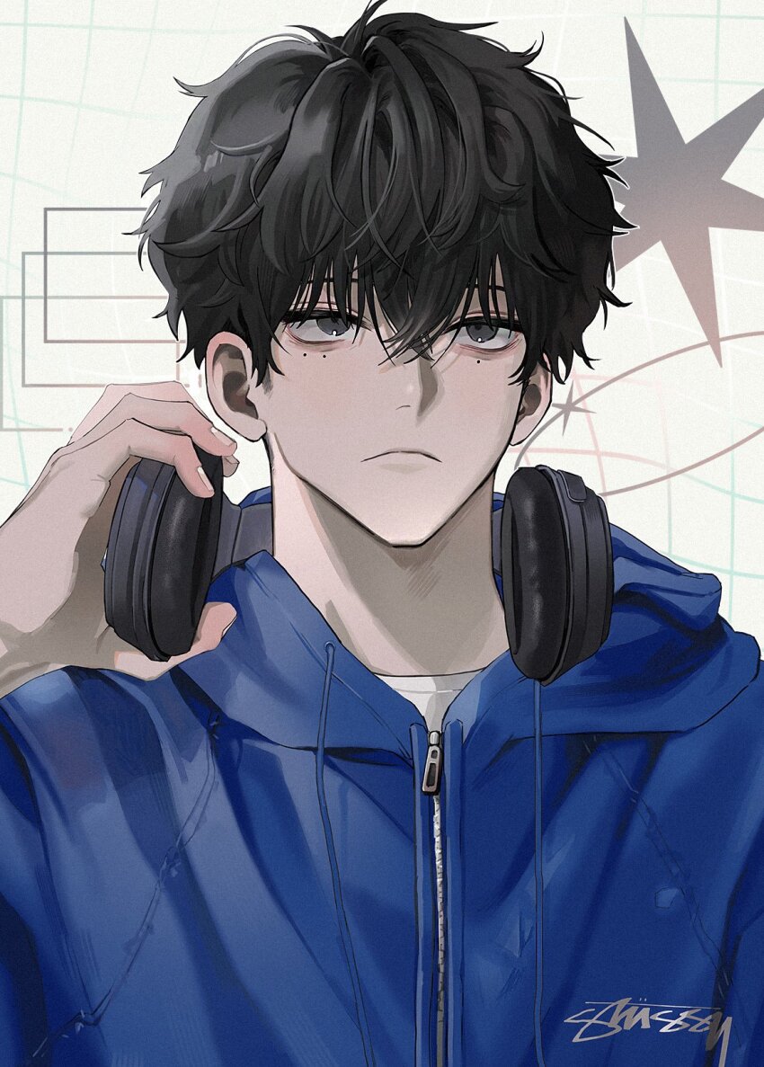 1boy bags_under_eyes black_eyes black_hair blue_hoodie headphones headphones_around_neck highres hood hoodie male_focus mole mole_under_eye multiple_moles qupuqp sakamoto_days seba_natsuki short_hair simple_background solo transparent