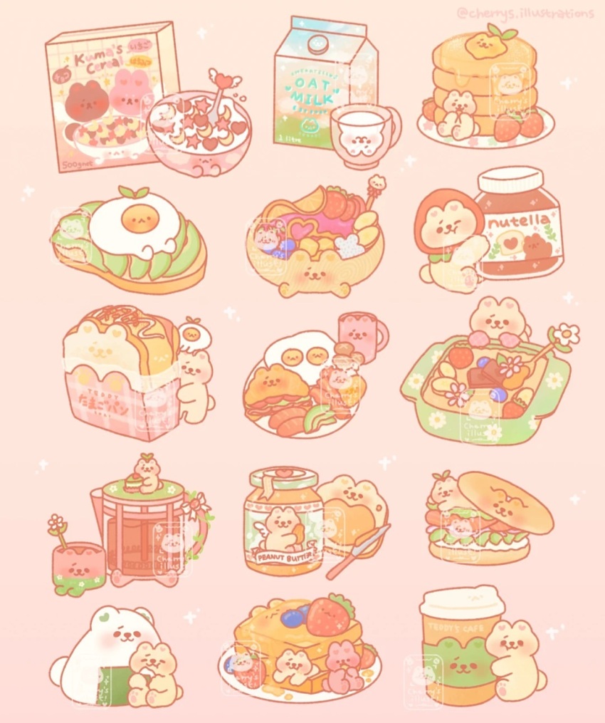 animal-themed_food animal_focus avocado avocado_slice banana banana_slice bear blueberry bowl bread bread_slice burger butter cereal cereal_box cherry&#039;s_illustrations coffee commentary cup disposable_cup english_commentary food food_focus french_toast fried_egg fried_egg_on_toast fruit heart highres in_container in_cup instagram_username jam jar kettle knife milk milk_carton mug no_humans nutella onigiri orange_background original plate simple_background sparkle spoon strawberry teacup toast watermark