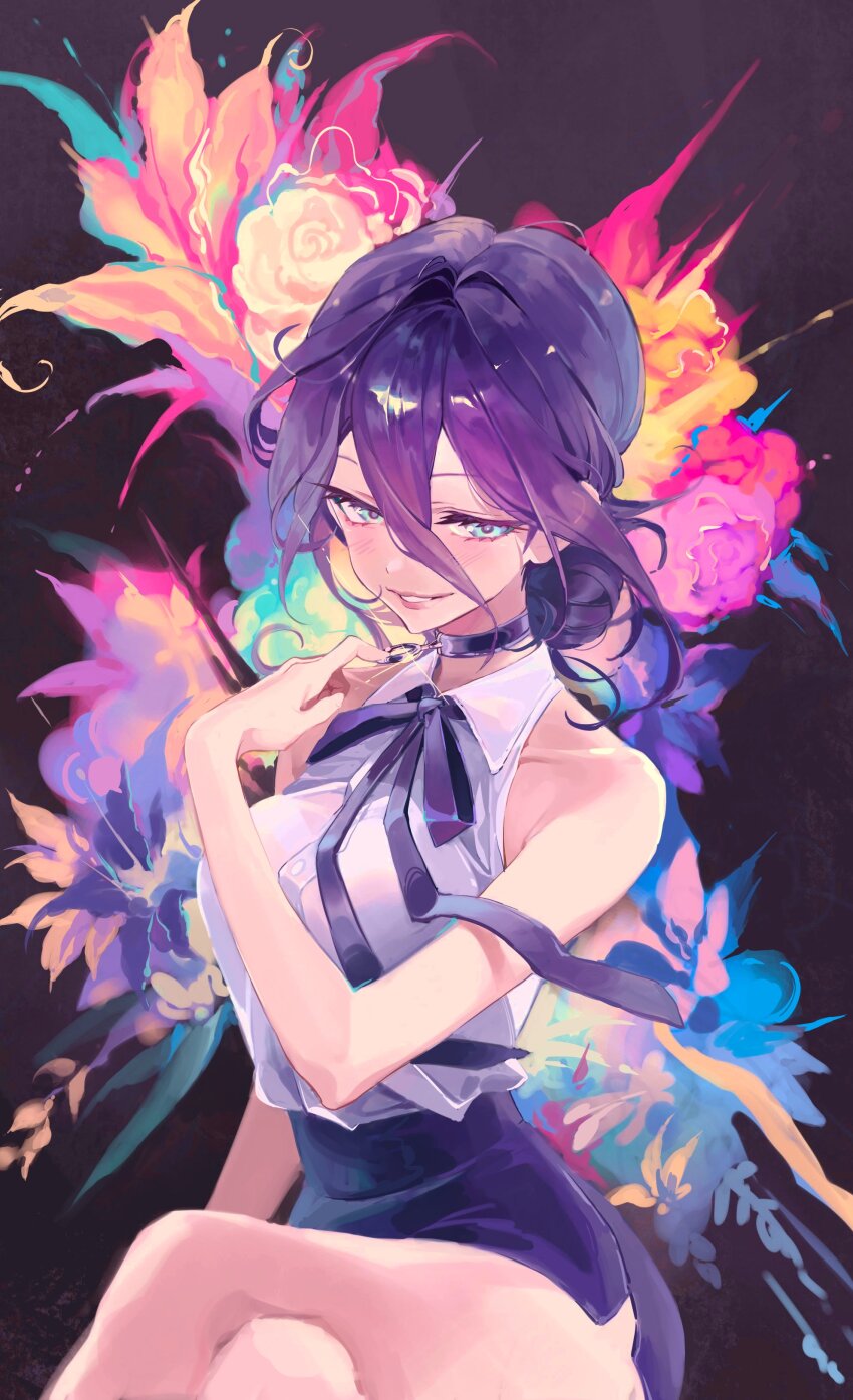 1girl absurdres armpit_crease bare_shoulders black_ribbon blush blush_stickers breasts chainsaw_man choker collarbone collared_shirt coloringday cowboy_shot cropped_shoulders crossed_legs green_eyes hair_between_eyes hair_bun hand_up high-waist_shorts highres looking_at_viewer medium_breasts medium_hair messy_hair neck_ribbon parted_lips pulling_own_clothes purple_hair reze_(chainsaw_man) ribbon shirt shirt_tucked_in shorts single_hair_bun sleeveless sleeveless_shirt smile solo thighs white_shirt