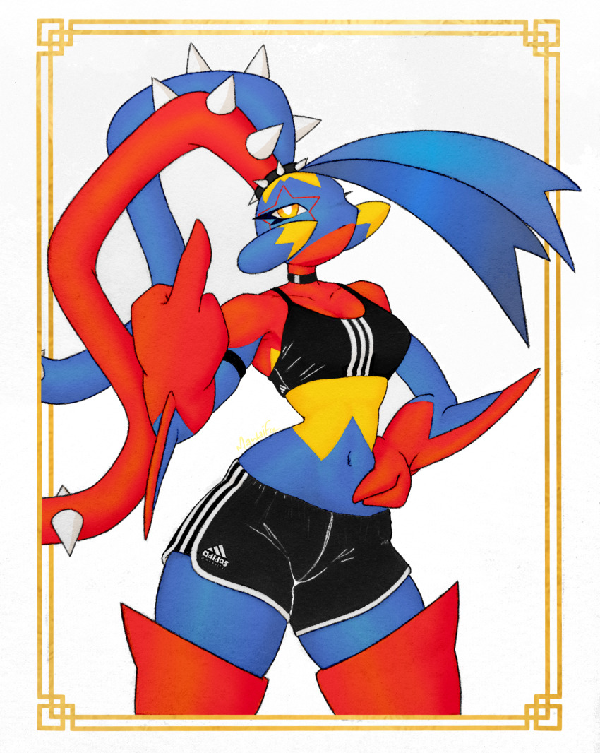 1girl adidas arm_blade armband artist_name bare_shoulders black_choker black_shorts black_sports_bra blue_hair blue_skin border breasts bright_pupils choker closed_mouth collarbone colored_skin cowboy_shot dolphin_shorts facial_mark female_focus fusion garchomp gen_3_pokemon gen_4_pokemon hand_on_own_hip hand_up long_hair looking_at_viewer mawaifu mawile medium_breasts mega_garchomp mega_mawile mega_pokemon middle_finger multicolored_hair multicolored_skin navel nintendo outside_border pokemon pokemon_(creature) red_hair red_skin short_shorts shorts signature simple_background solo spiked_hair_ornament spikes sports_bra standing star_(symbol) stomach thighs two-tone_hair very_long_hair weapon white_background white_pupils white_trim yellow_border yellow_eyes yellow_skin
