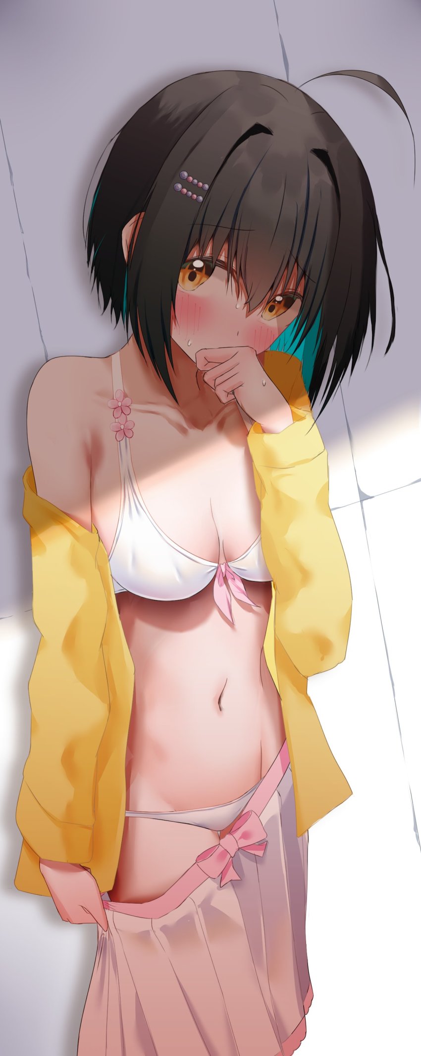 1girl absurdres ahoge ashinagi_(bijutu1) bikini black_hair blush breasts cleavage covering_own_mouth hand_over_own_mouth highres hood hoodie idolmaster idolmaster_cinderella_girls jacket kohinata_miho medium_breasts navel open_clothes open_jacket pink_skirt pleated_skirt short_hair skirt stomach sweatdrop swimsuit undressing white_bikini yellow_eyes
