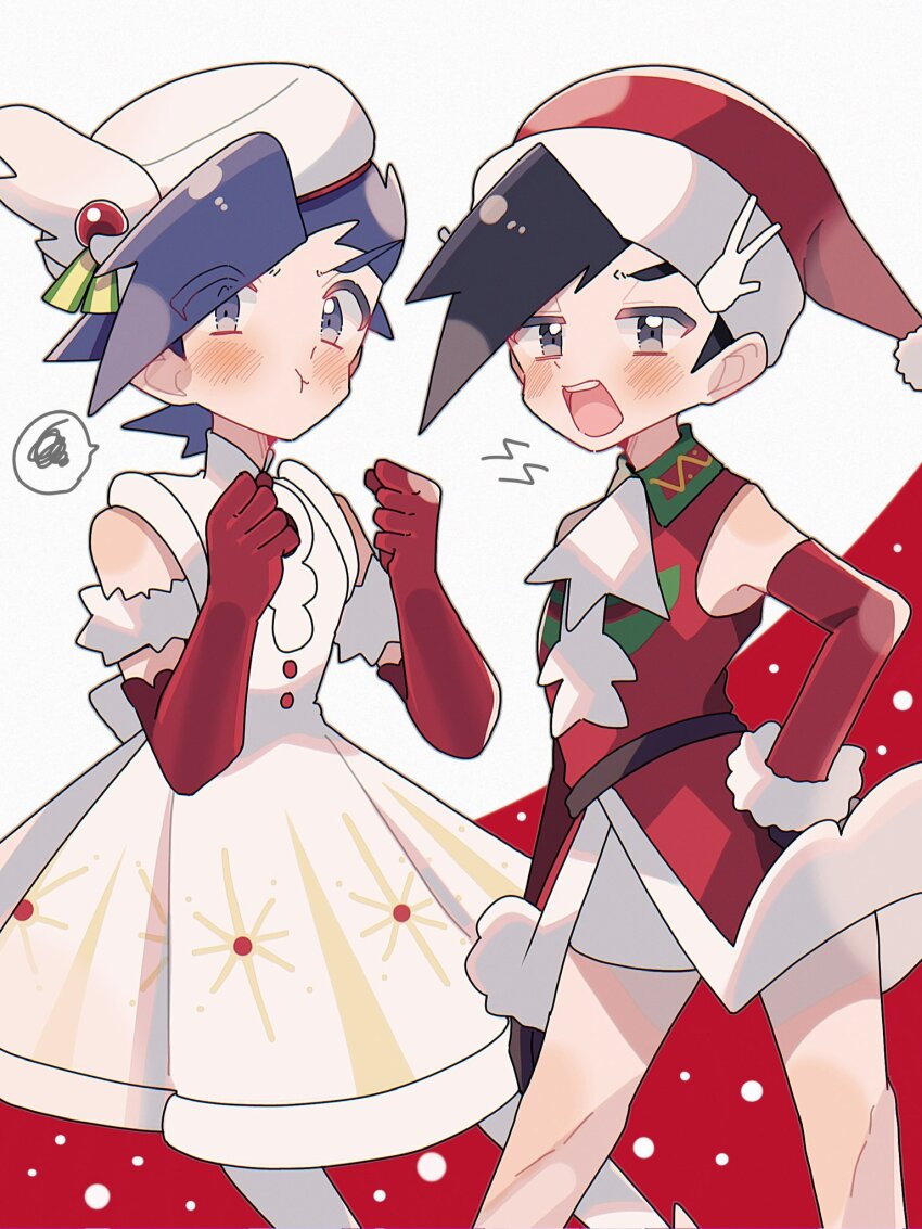 2boys :t alternate_costume annoyed bare_shoulders black_eyes black_hair blush closed_mouth commentary_request cosplay detached_sleeves dress elbow_gloves ethan_(pokemon) fur-trimmed_dress fur_trim gloves grey_eyes grey_hair hand_on_own_hip hat highres jasmine_(holiday_2022)_(pokemon) jasmine_(pokemon) jasmine_(pokemon)_(cosplay) kinu_(kinuhoshizora21) looking_at_viewer multiple_boys nintendo open_mouth pokemon pokemon_adventures pokemon_hgss pokemon_masters_ex red_dress red_gloves santa_hat short_hair shorts sleeveless sleeveless_dress spoken_squiggle squiggle teeth trap upper_teeth_only white_dress white_shorts whitney_(holiday_2022)_(pokemon) whitney_(pokemon) whitney_(pokemon)_(cosplay)