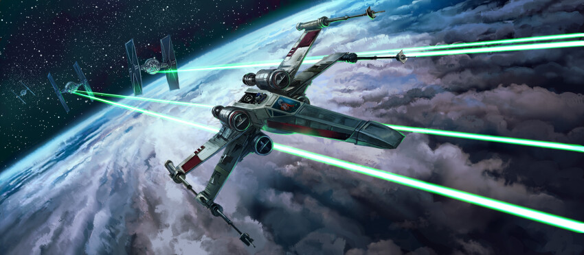 1boy astromech_droid commentary english_commentary flying galactic_empire_(star_wars) highres laser luke_skywalker non-humanoid_robot planet r2-d2 rafal_szlapa robot space spacecraft star_(sky) star_wars starfighter t-65_x-wing tie_fighter vehicle_focus x-wing