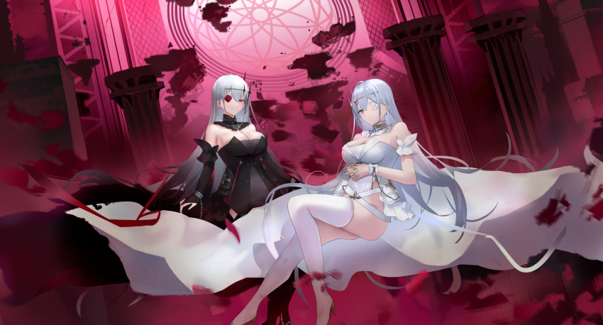 2girls absurdres azur_lane bii_bii_(bronzeii002) black_dress black_vs_white blue_eyes blue_gemstone boots breasts bridal_gauntlets cleavage column_lineup contrast detached_collar dress dual_persona elbow_gloves emden_(azur_lane) female_focus floating flower flower_over_eye full_body gem gloves highres large_breasts legs lock long_hair looking_at_viewer multiple_girls padlock padlocked_collar red_eyes red_flower red_gemstone red_rose rose strapless strapless_dress thigh_boots thighhighs very_long_hair white_dress white_flower white_footwear white_hair white_rose white_thighhighs