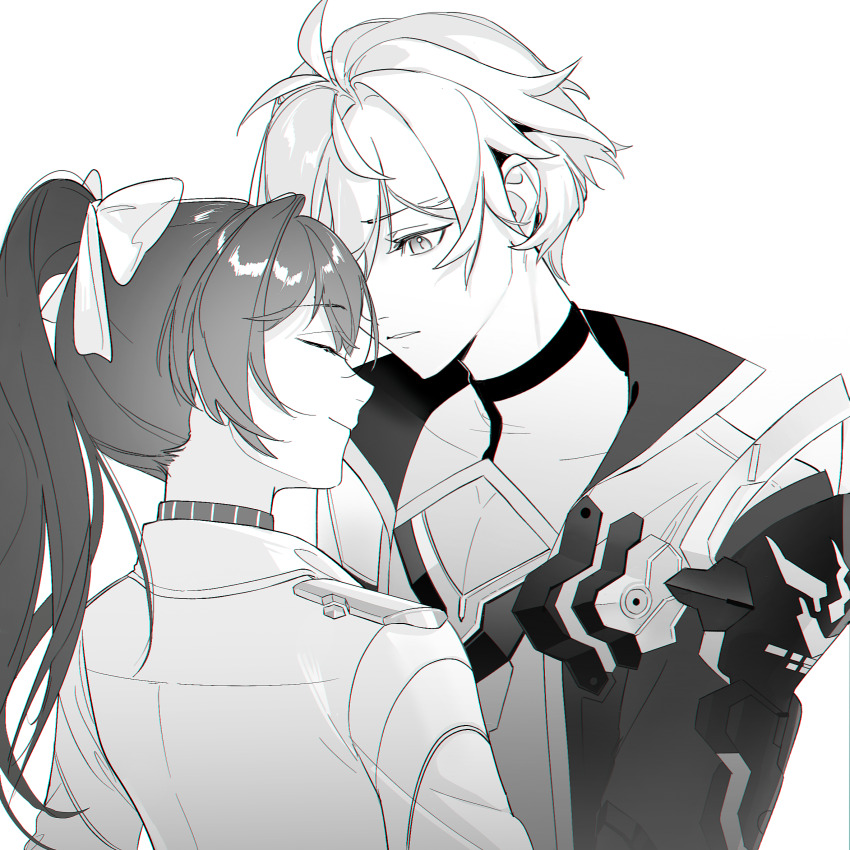 1boy 1girl antenna_hair armor center_opening chinese_commentary cleavage_cutout closed_eyes closed_mouth clothing_cutout couple formal_clothes from_behind from_side grey_background hair_between_eyes head_tilt hetero high_ponytail highres honkai_(series) honkai_impact_3rd jacket kevin_kaslana lab_coat long_hair looking_down mei_(honkai_impact) mixed-language_commentary monochrome no_eyewear open_clothes open_jacket parted_lips pectoral_cleavage pectorals ponytail shade shiregotoaka short_hair shoulder_armor suit upper_body