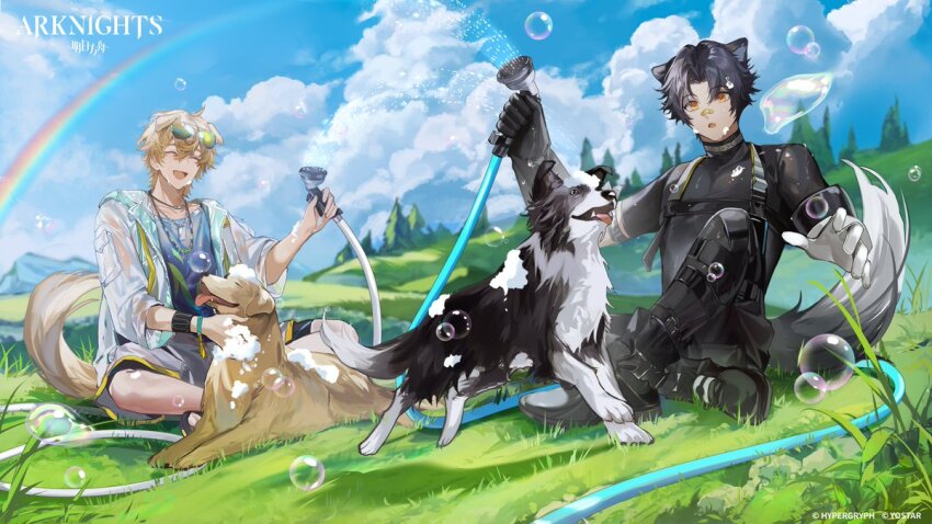 2boys animal_ears arknights black_footwear black_fur black_hair blonde_hair blue_sky closed_eyes cloud cloudy_sky commentary day dog dog_boy dog_ears dog_tail english_commentary eyewear_on_head grass holding holding_hose hose long_sleeves multicolored_fur multiple_boys official_art on_ground open_mouth outdoors rainbow shoes short_hair shorts sitting sky smile sneakers tail tequila_(arknights) to_e water watermark wet white_fur windflit_(arknights) yellow_eyes yellow_fur