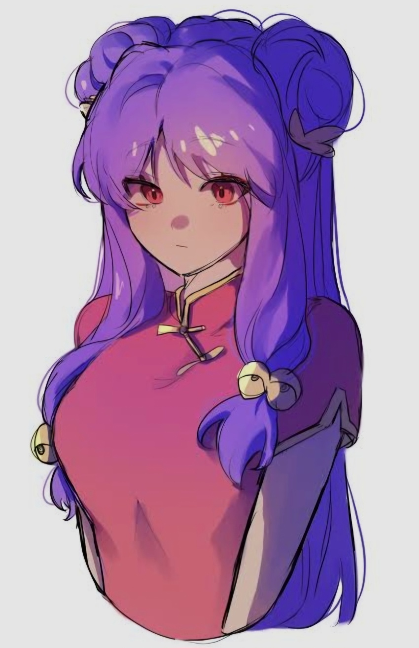 1girl absurdres china_dress chinese_clothes double_bun dress hair_bun highres long_hair looking_at_viewer purple_hair ranma_1/2 red_dress shampoo_(ranma_1/2) sidelocks