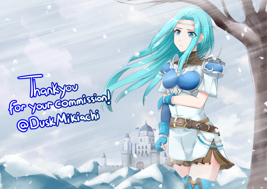 1girl aqua_hair armor blue_eyes blue_gloves breastplate castle commission fingerless_gloves fiora_(fire_emblem) fire_emblem fire_emblem:_the_blazing_blade fruitpunchzura gloves headband highres long_hair nintendo outdoors shoulder_armor skeb_commission snow