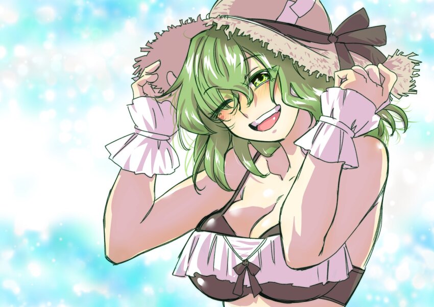 1girl ;d bikini black_bikini breasts brown_hat cleavage green_eyes hair_between_eyes hands_on_headwear hat highres large_breasts looking_at_viewer nunnun_(shunka_shuutou) one-hour_drawing_challenge one_eye_closed open_mouth outdoors smile soga_no_tojiko solo straw_hat swimsuit teeth touhou upper_body upper_teeth_only wrist_cuffs