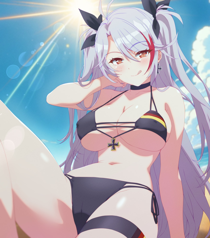 1girl arbiter1 azur_lane beach bikini black_bikini black_choker black_ribbon blue_sky blush breasts choker cleavage cloud cross cross_earrings earrings flag_print german_flag_bikini highres iron_cross jewelry large_breasts light_rays long_hair looking_at_viewer multicolored_hair navel ocean official_alternate_costume outdoors prinz_eugen_(azur_lane) prinz_eugen_(unfading_smile)_(azur_lane) red_hair ribbon sitting sky solo sunbeam sunlight swimsuit thigh_strap thighs underboob white_hair