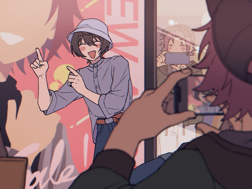 2boys ^_^ belt blue_pants blurry blush_stickers bowl bowl_hat buttons capri_pants closed_eyes denim depth_of_field dot_nose ensemble_stars! grey_hat grey_shirt happy hat highres isara_mao jeans jewelry leg_up male_focus multiple_boys niyororinpayamaru pants pointing pointing_up reflection ring sakuma_ritsu shirt shirt_partially_tucked_in three-quarter_sleeves standing standing_on_one_leg taking_picture triangle_mouth white_pants