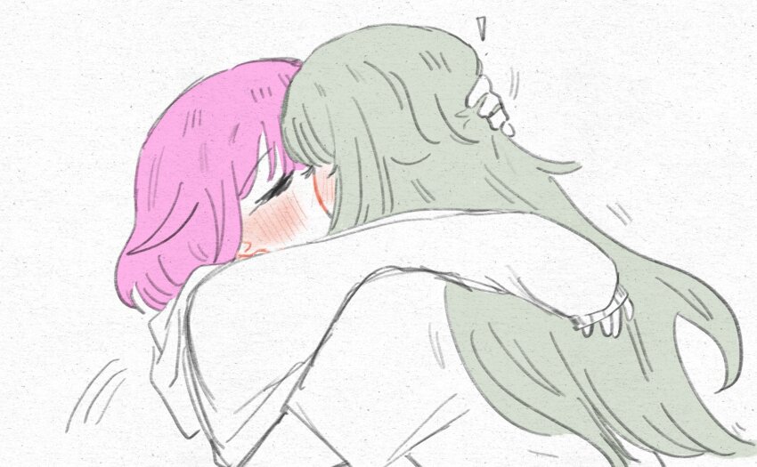 2girls arm_around_neck blush closed_eyes commentary english_commentary green_hair hand_on_another&#039;s_head highres hood hoodie kcmvnd kiss kusanagi_nene long_hair multiple_girls ootori_emu pink_hair project_sekai short_hair white_background yuri