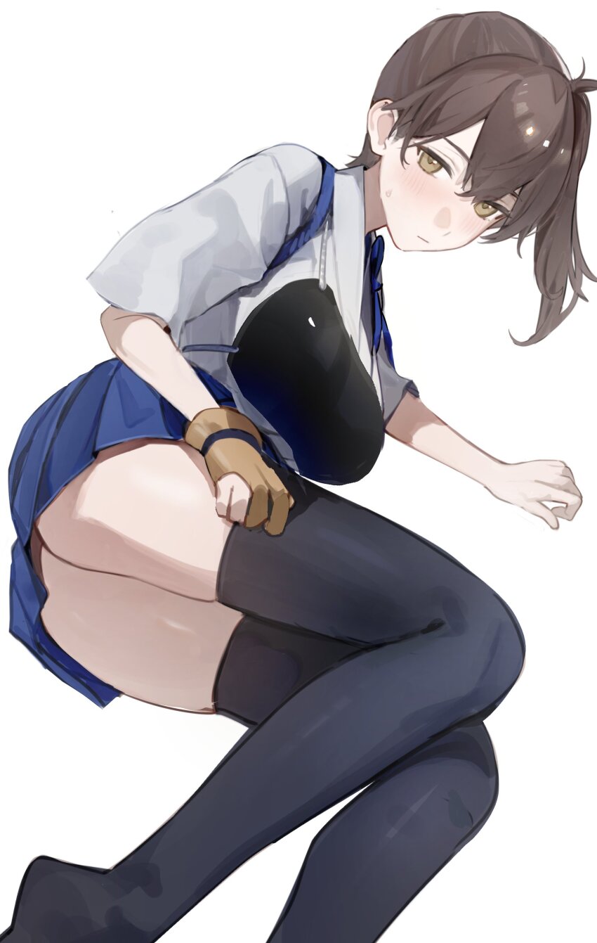 1girl absurdres arm_support black_thighhighs blue_hakama blush breasts brown_eyes brown_hair closed_mouth commentary_request flatshi gloves hakama hakama_short_skirt hakama_skirt highres japanese_clothes kaga_(kancolle) kantai_collection large_breasts looking_at_viewer lying muneate on_side partially_fingerless_gloves partly_fingerless_gloves pleated_skirt side_ponytail simple_background skirt solo sweatdrop tasuki thighhighs thighs white_background yellow_eyes yugake