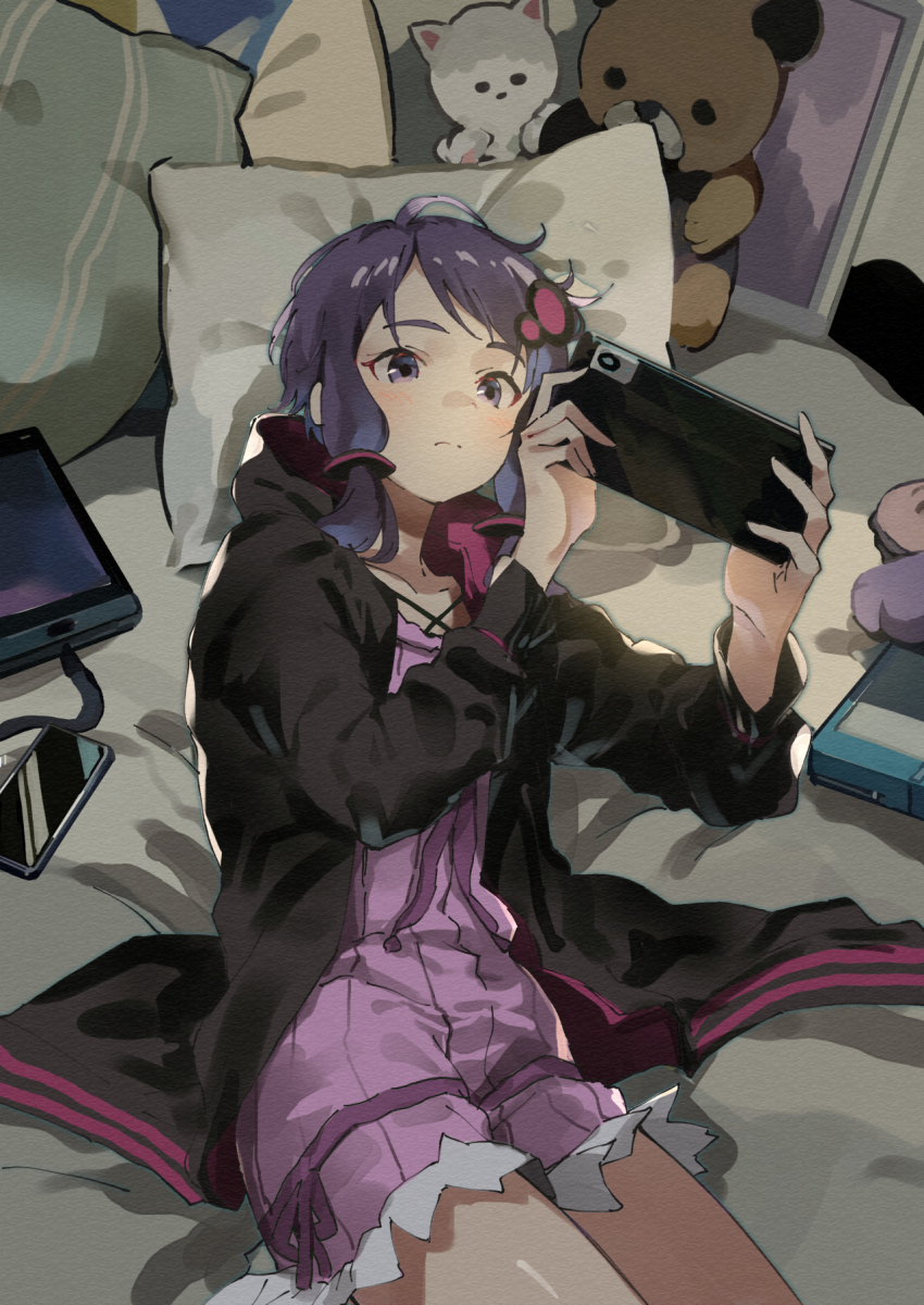 1girl black_jacket blush cellphone closed_mouth collarbone commentary_request criss-cross_halter dress halterneck highres holding hood hood_down hooded_jacket jacket lamb_(hitsujiniku) long_sleeves lying on_side open_clothes open_jacket phone pillow puffy_long_sleeves puffy_sleeves purple_dress purple_eyes purple_hair solo stuffed_animal stuffed_cat stuffed_toy teddy_bear vocaloid voiceroid yuzuki_yukari