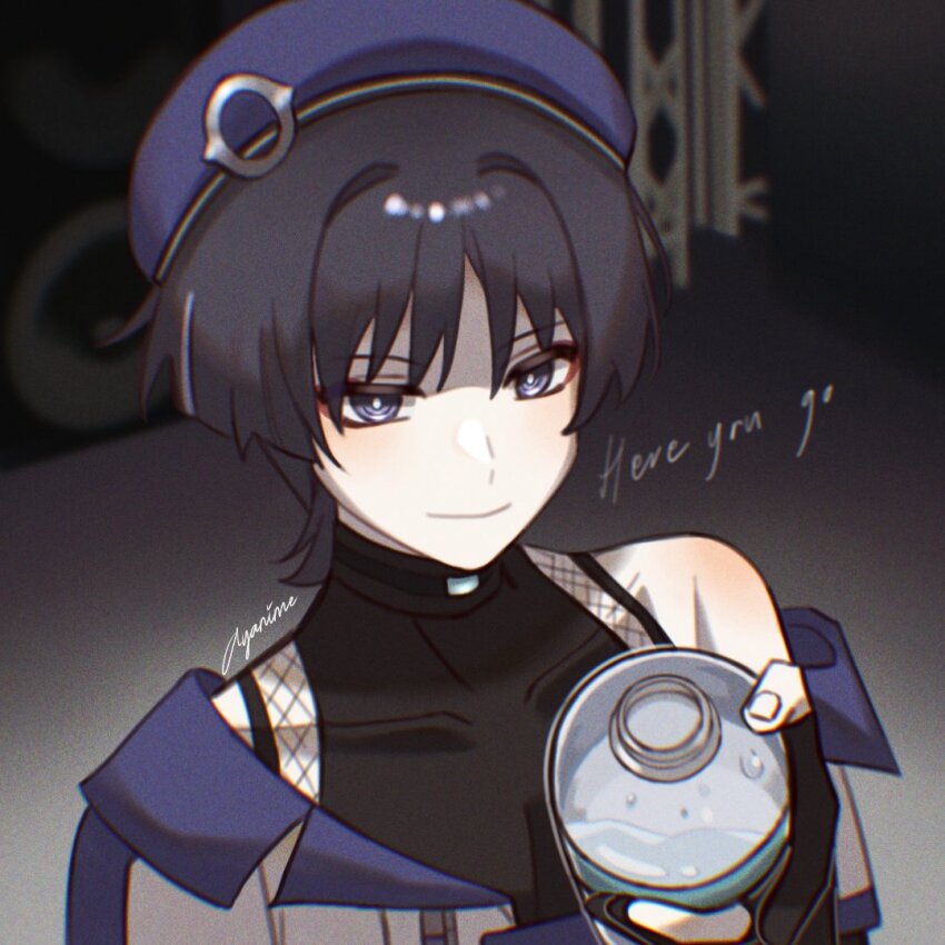 1boy alternate_costume artist_name ayanime_aya beret black_bodysuit black_gloves black_hair blunt_ends bodysuit bottle bright_pupils closed_mouth covered_collarbone covered_pectorals english_text eyeliner eyeshadow fingernails fishnet_top fishnets genshin_impact gloves hat idol idol_clothes incoming_drink jacket looking_at_viewer makeup male_focus multicolored_hair partially_fingerless_gloves partially_shaded_face pectorals purple_eyes purple_hat red_eyeliner red_eyeshadow ringed_eyes scaramouche_(genshin_impact) single_off_shoulder smile solo streaked_hair upper_body wanderer_(genshin_impact) water white_jacket white_pupils