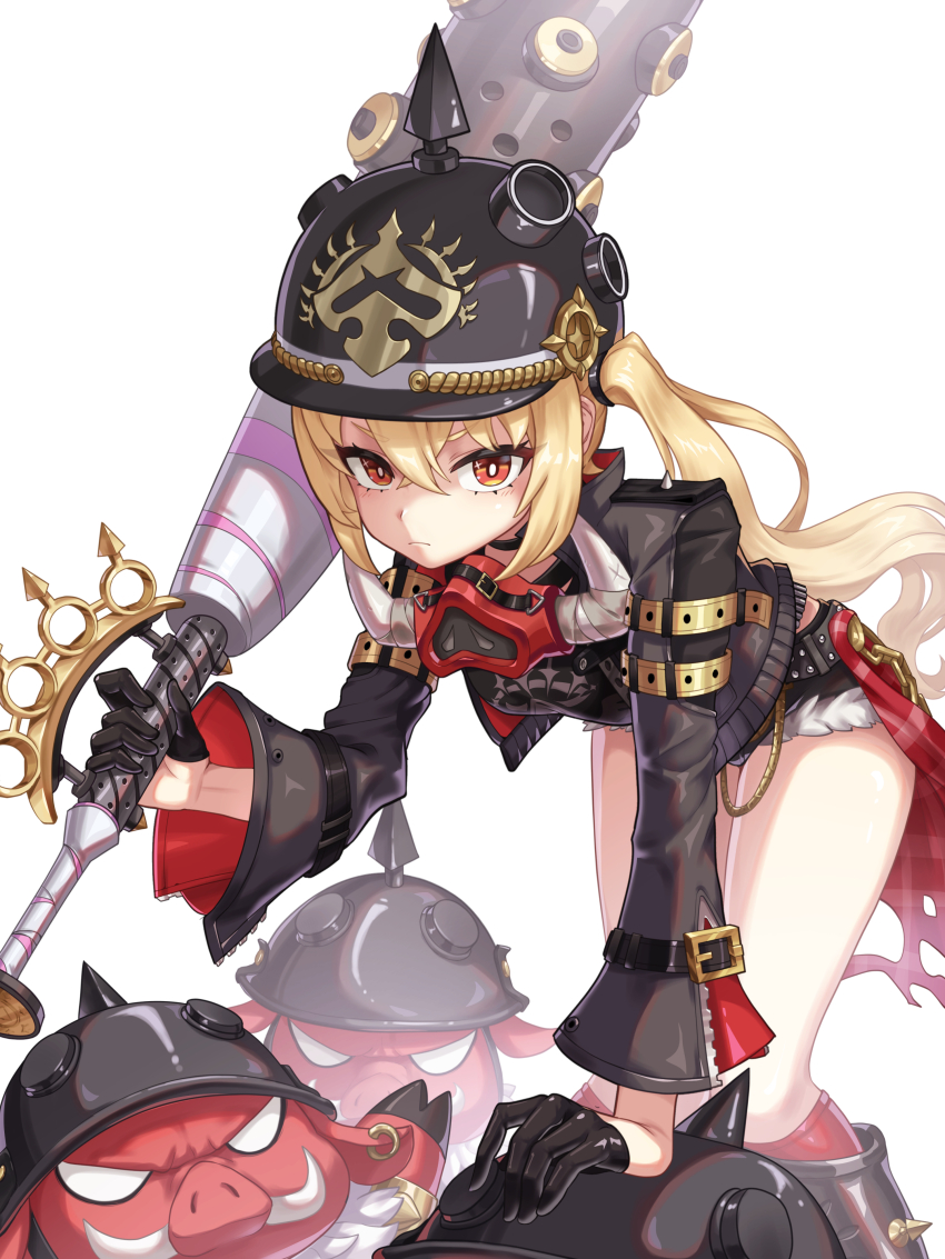1girl absurdres baseball_bat bent_over black_gloves black_helmet black_jacket black_shorts blonde_hair boar_boy brass_knuckles breasts combat_helmet commentary crop_top ekal_001 fur-trimmed_shorts fur_trim gloves hair_between_eyes half_gloves helmet highres holding holding_baseball_bat jacket long_hair looking_at_viewer luciana_de_montefio mask mask_around_neck metal_baseball_bat pickelhaube red_eyes respirator shorts side_ponytail simple_background weapon white_background zenless_zone_zero